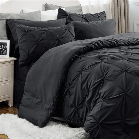 Black Comforter Set Bed in a Bag Queen or Full 7 Pieces, Pintuck Bedding Sets - Picture 1 of 6